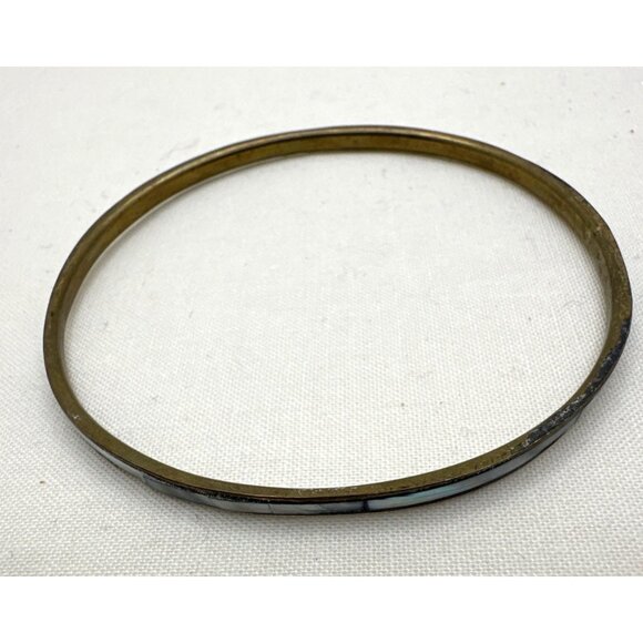 Vintage Boho Chic Mother Of Pearl Inlay Bangle Bracelet Iridescent Minimalist - Picture 5 of 7